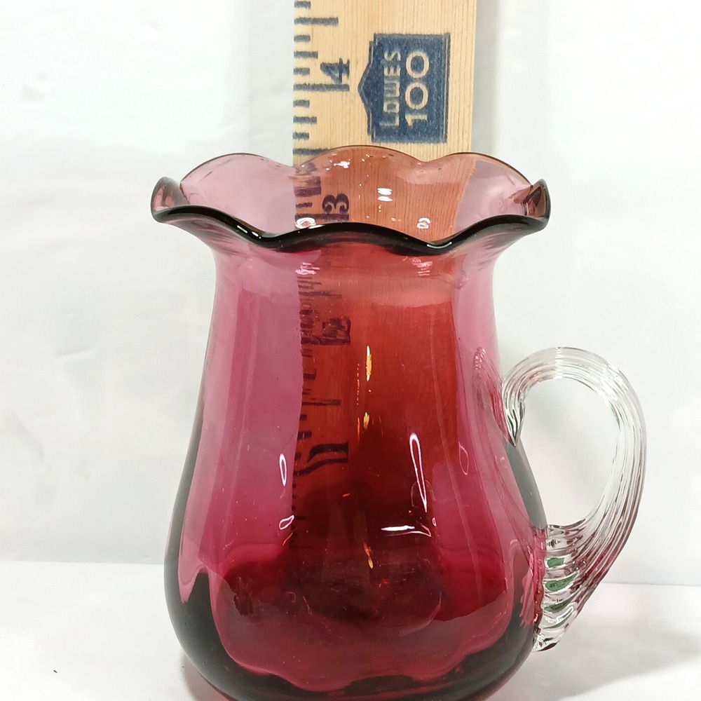 Vintage Cranberry Glass Pitcher Ruffled Rim Clear Applied Handle 4.25 inch - Picture 7 of 8